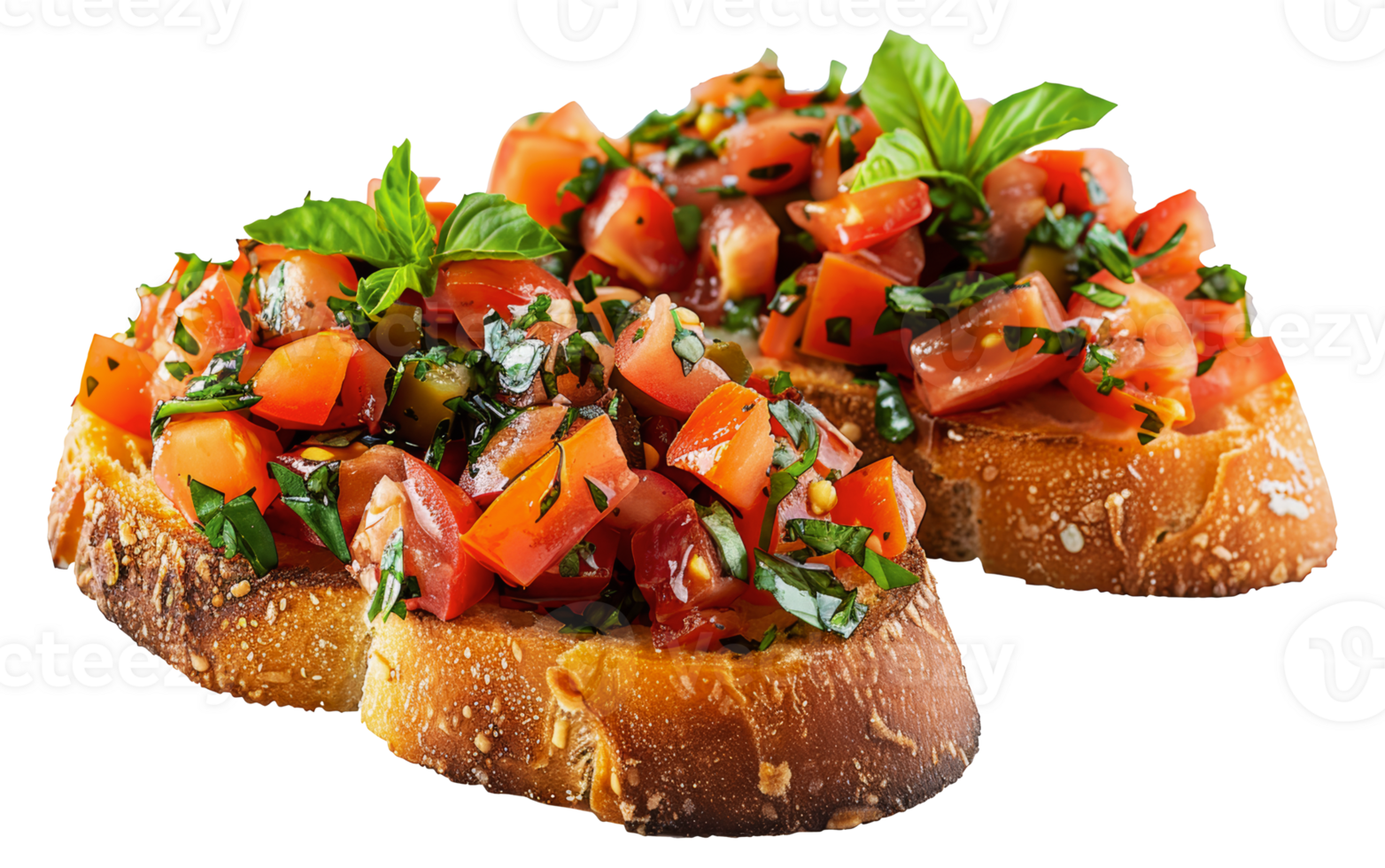Fresh tomato bruschetta on toasted bread with basil, cut out - stock .. png