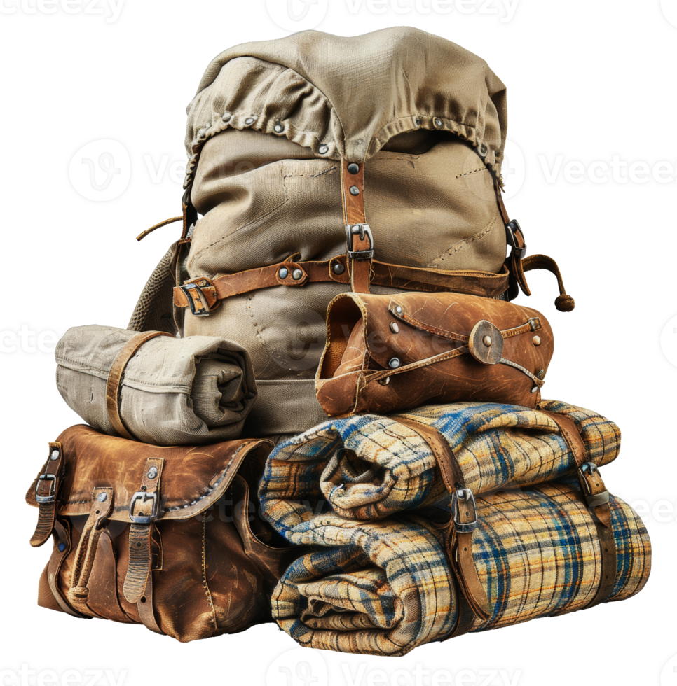 Vintage camping gear with leather backpack and blankets, cut out - stock .. png