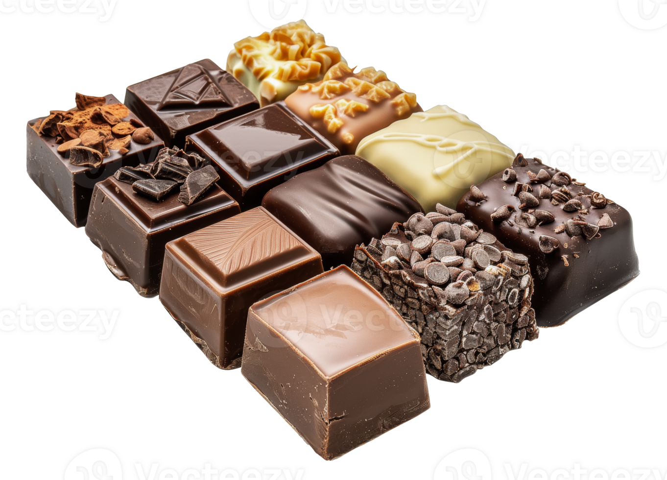 Assorted gourmet chocolate bars with various toppings, cut out - stock .. png