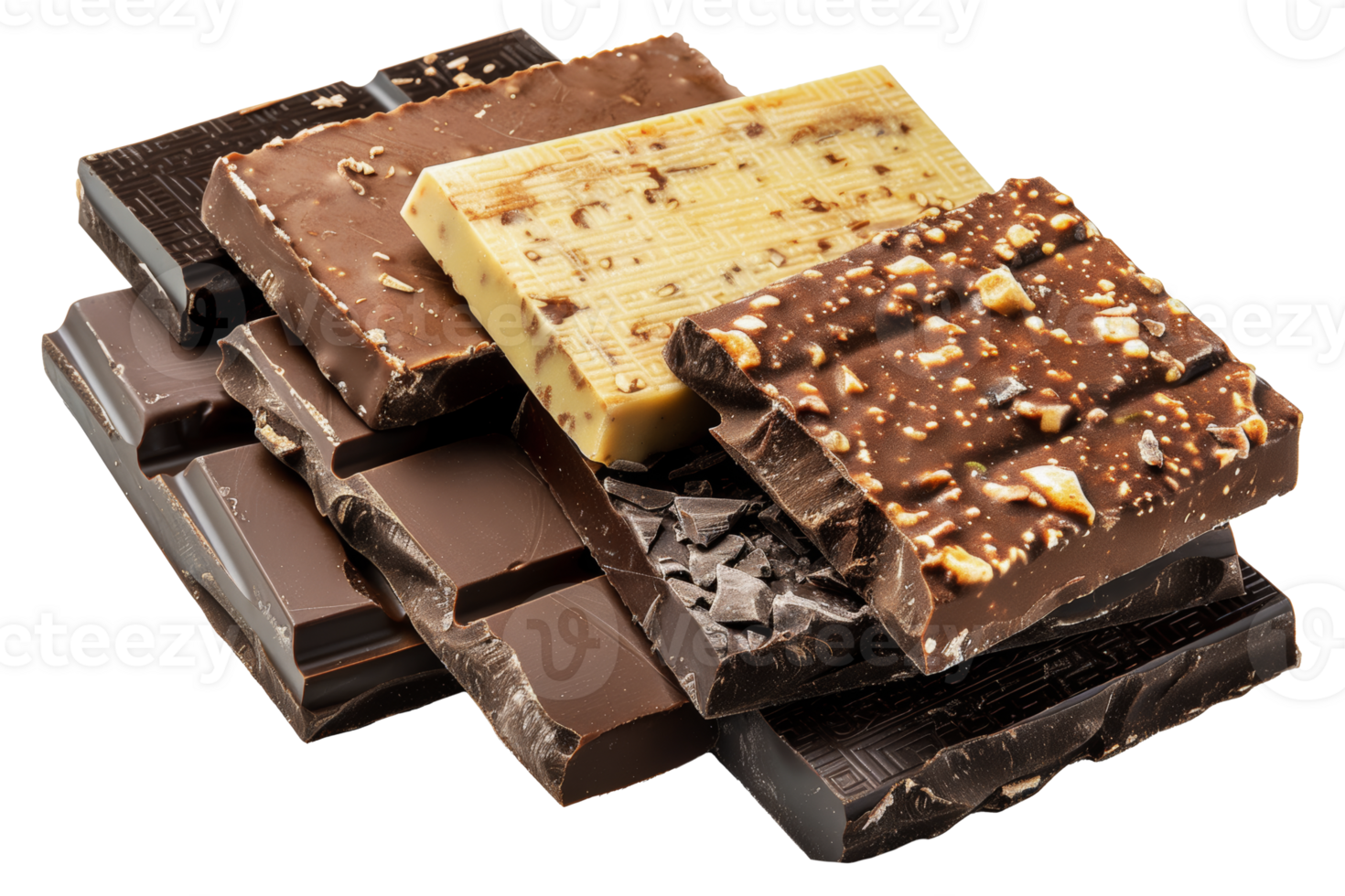 Assorted gourmet chocolate bars with various toppings, cut out - stock .. png