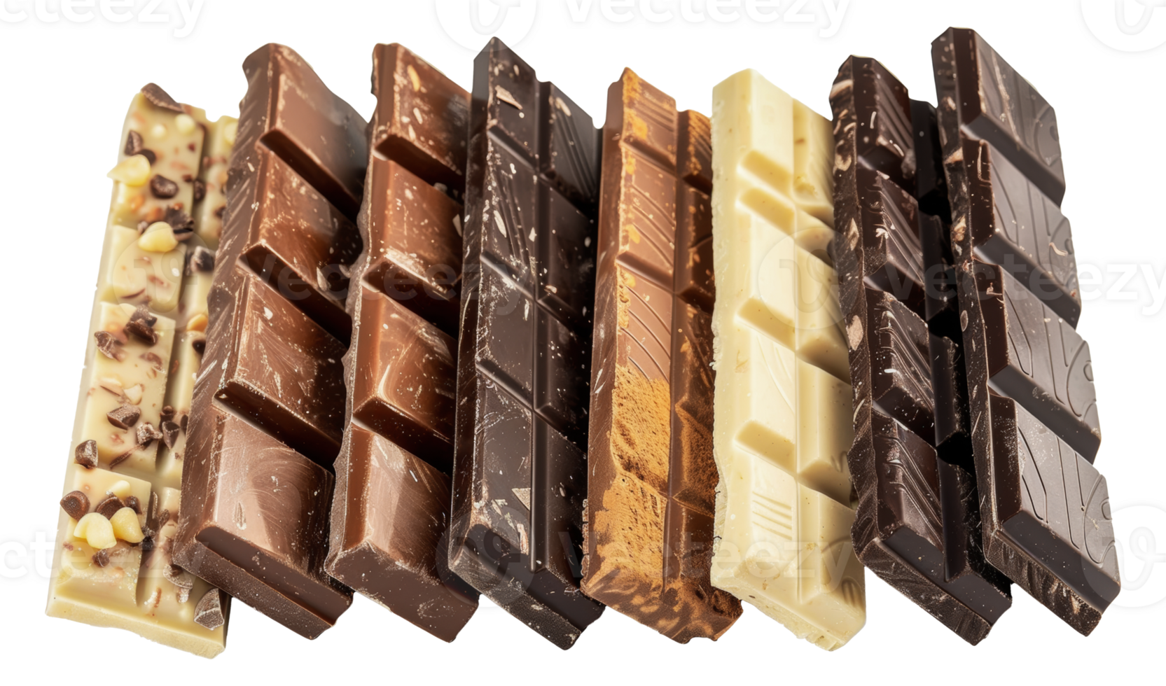 Assorted gourmet chocolate bars with various toppings, cut out - stock .. png