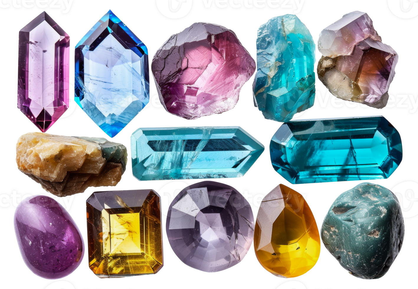 Colorful collection of assorted crystals, cut out - stock . png