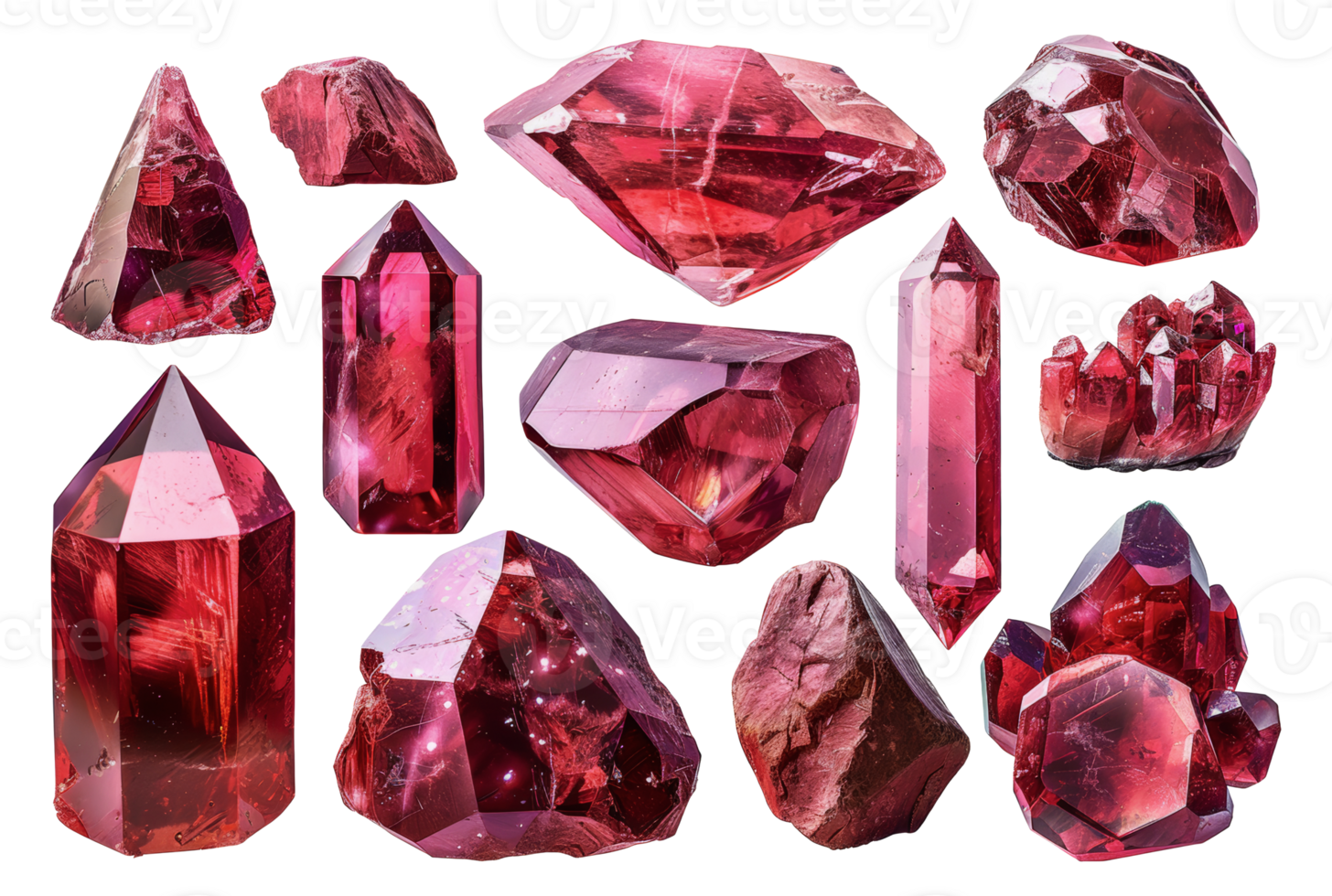 Bright pink crystals in various shapes, cut out - stock .. png