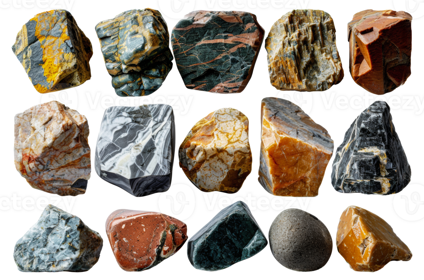 Collection of raw mineral stones with unique textures, cut out - stock .. png