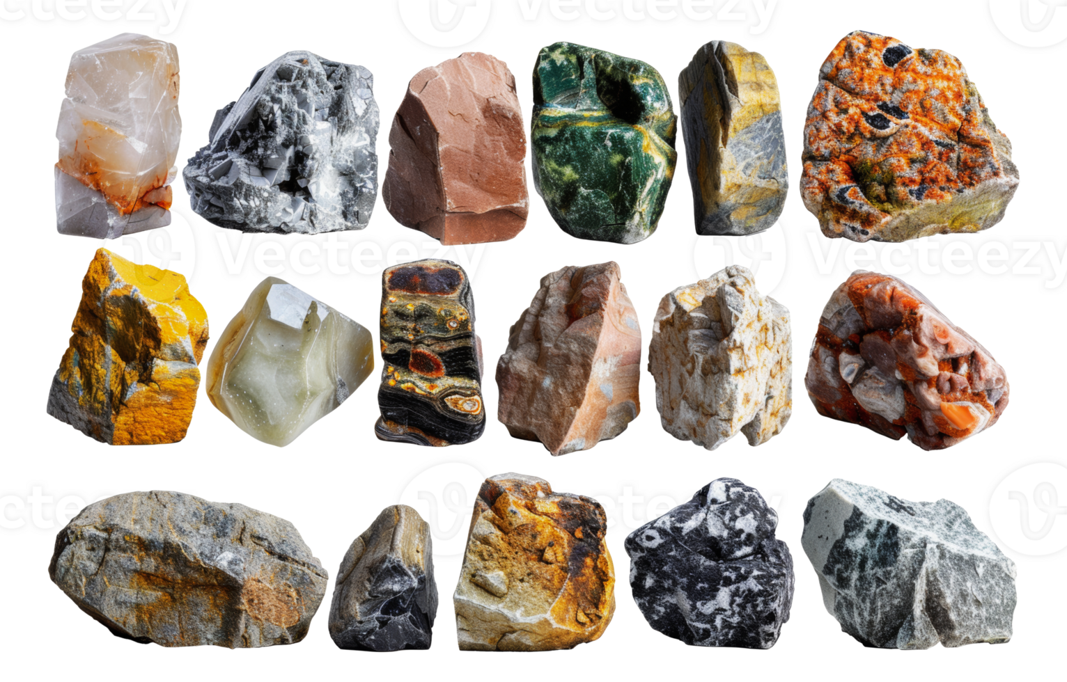 Collection of raw mineral stones with unique textures, cut out - stock .. png