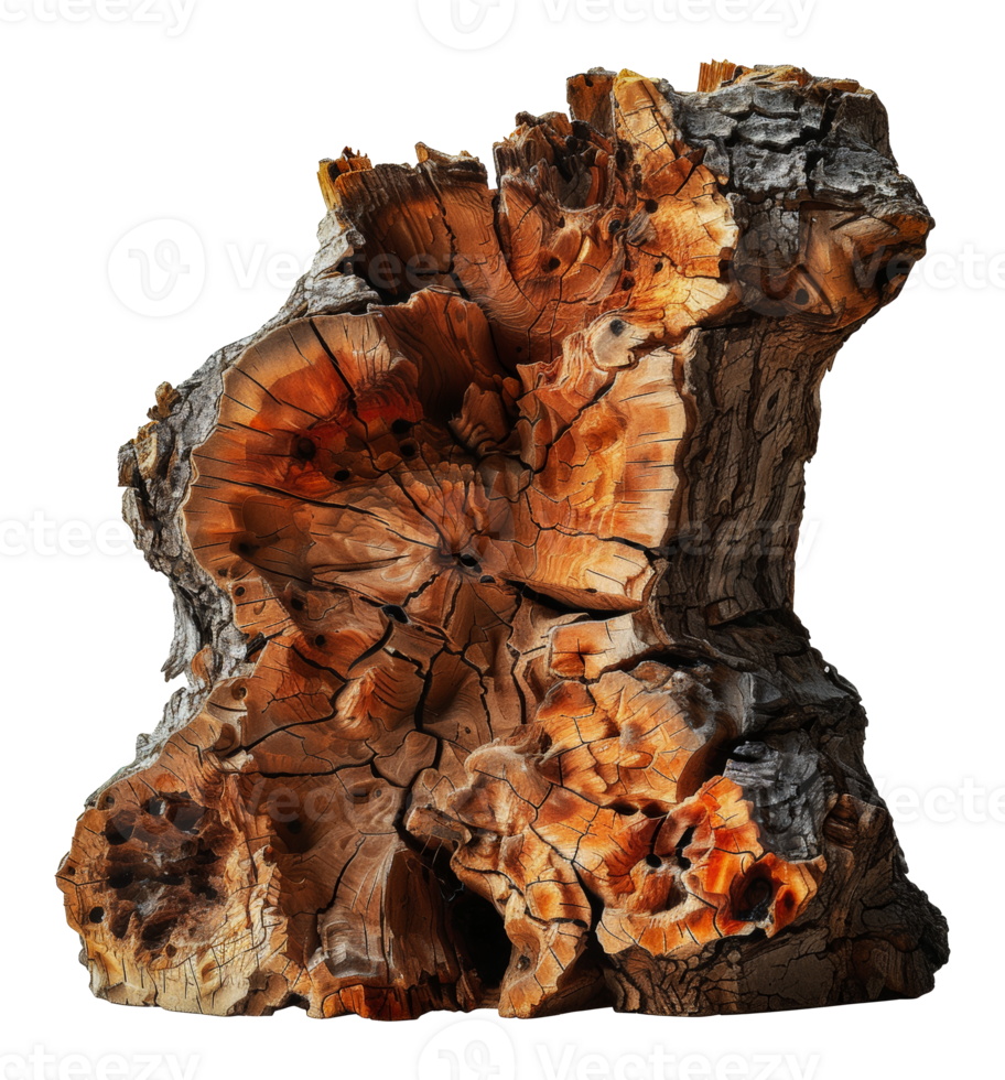 High-detail ancient petrified wood piece, cut out - stock . png