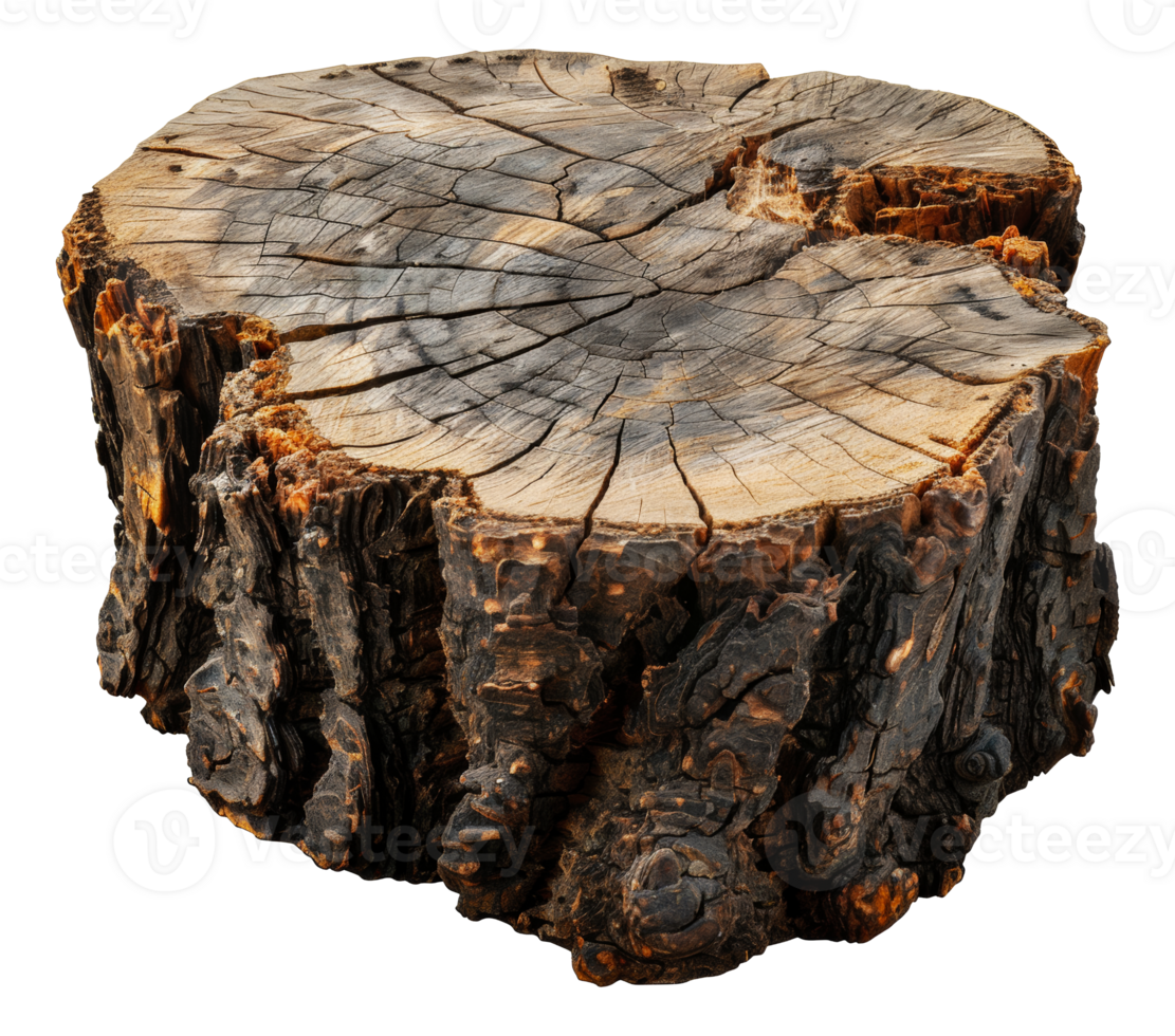 Detailed texture of a weathered tree stump, cut out - stock . png