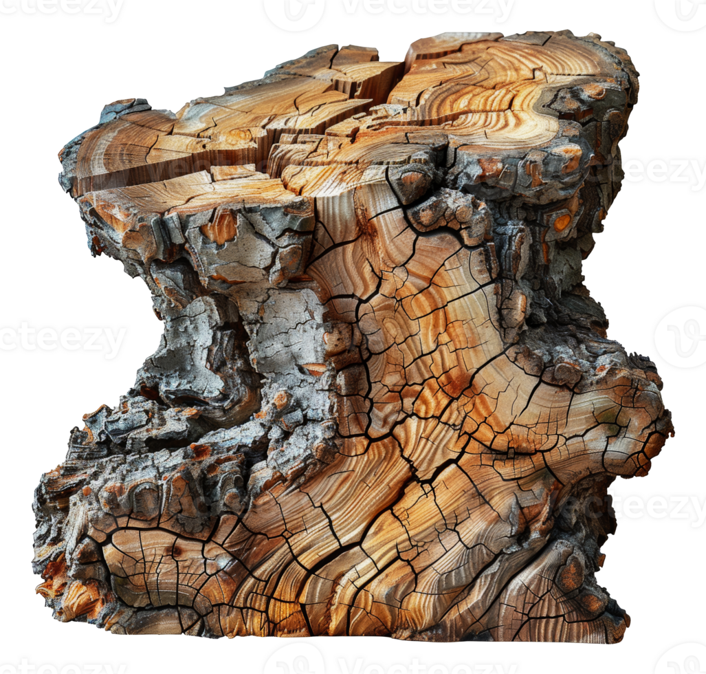 High-detail ancient petrified wood piece, cut out - stock . png
