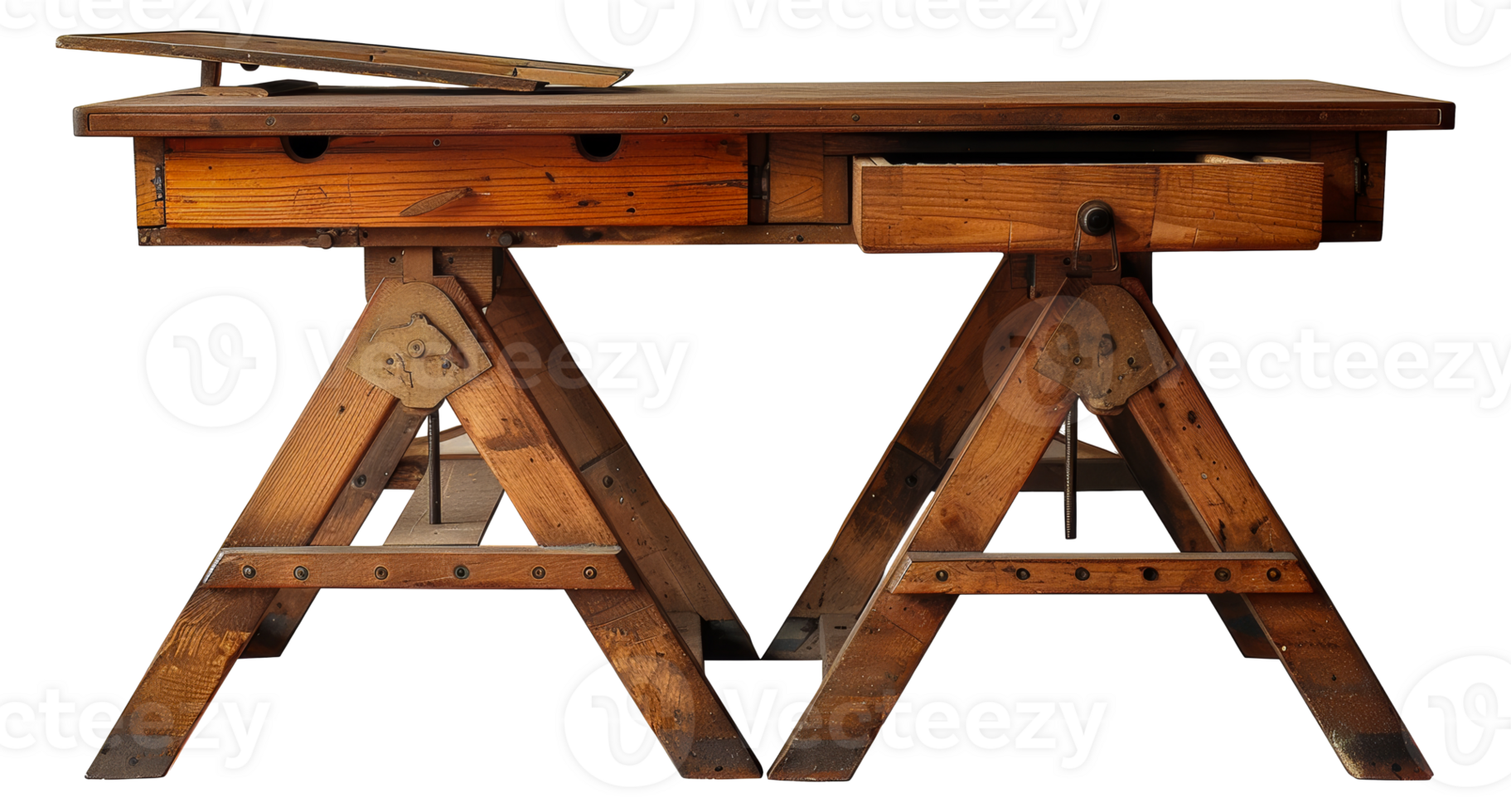 Modern office desk with wooden top and drawers, cut out - stock .. png