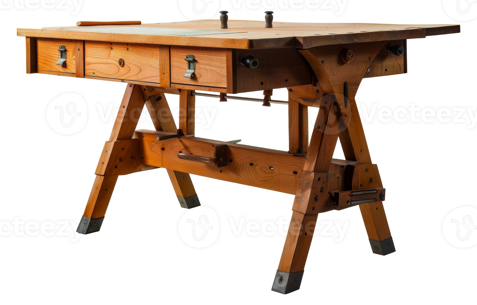 Modern office desk with wooden top and drawers, cut out - stock .. png