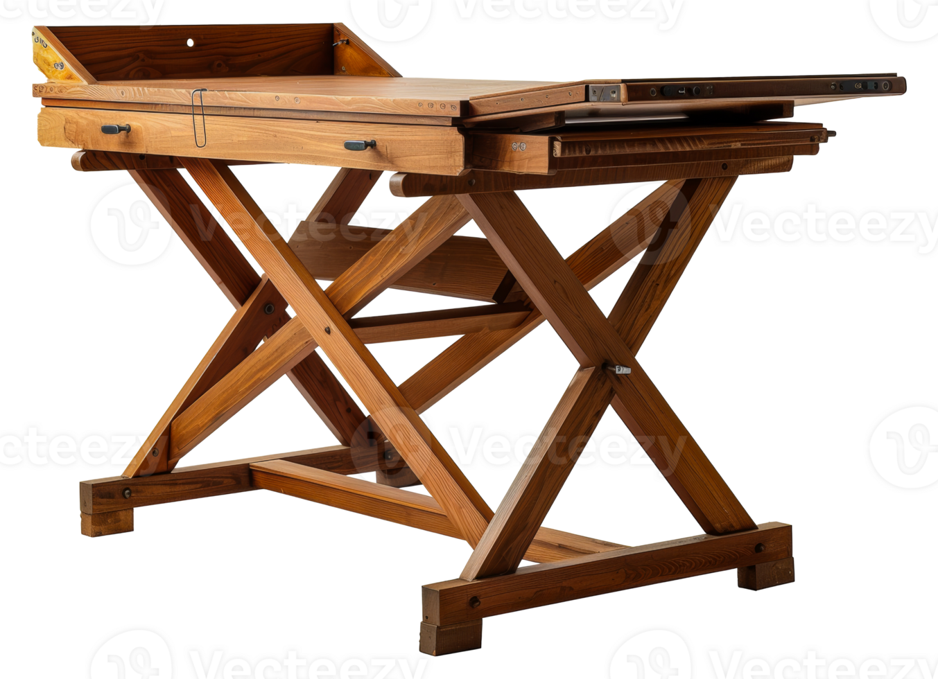 Antique wooden drafting table with rustic finish, cut out stock