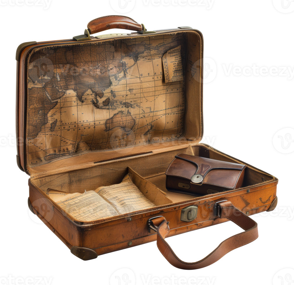 Open vintage suitcase with old maps and coins, cut out - stock .. png
