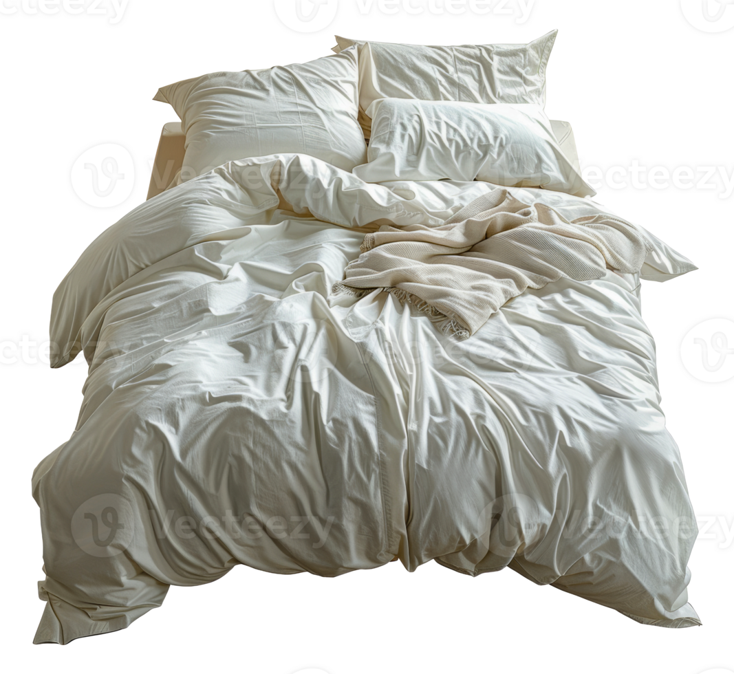Crumpled white bed linens in a unmade bed, cut out stock .. 45912619 PNG