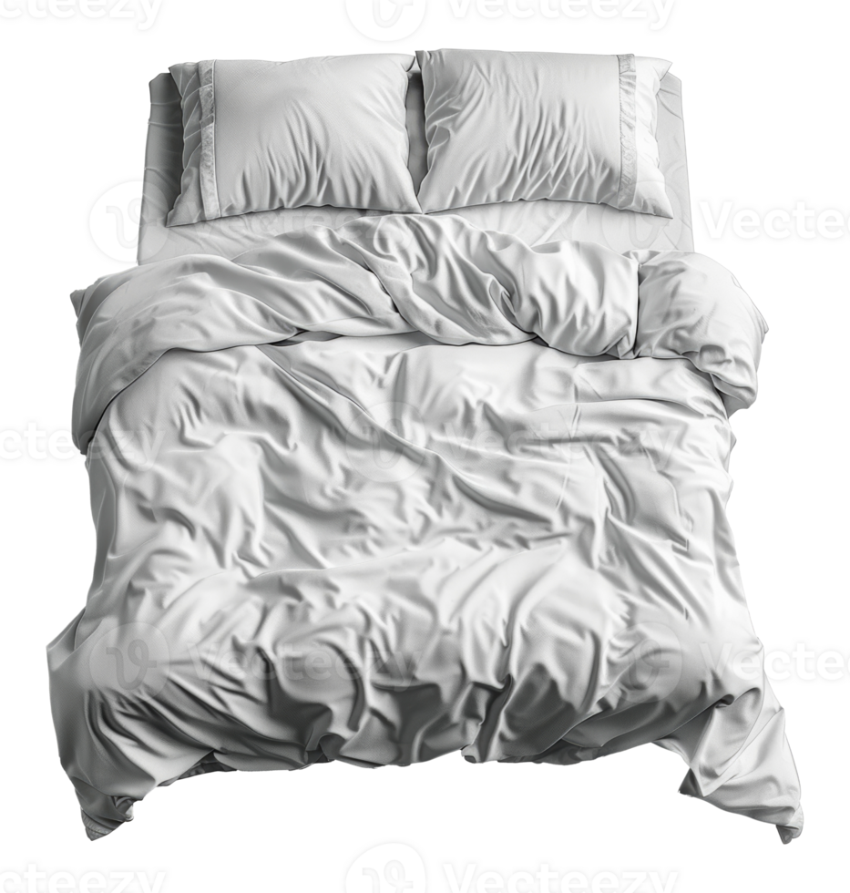 Crumpled white bed linens in a unmade bed, cut out - stock .. png