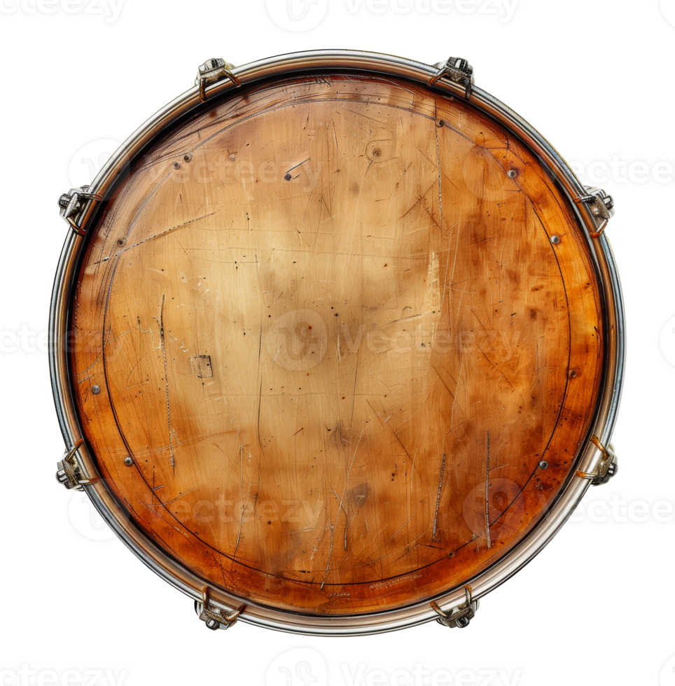 Vintage snare drum with worn wooden body, cut out - stock .. png