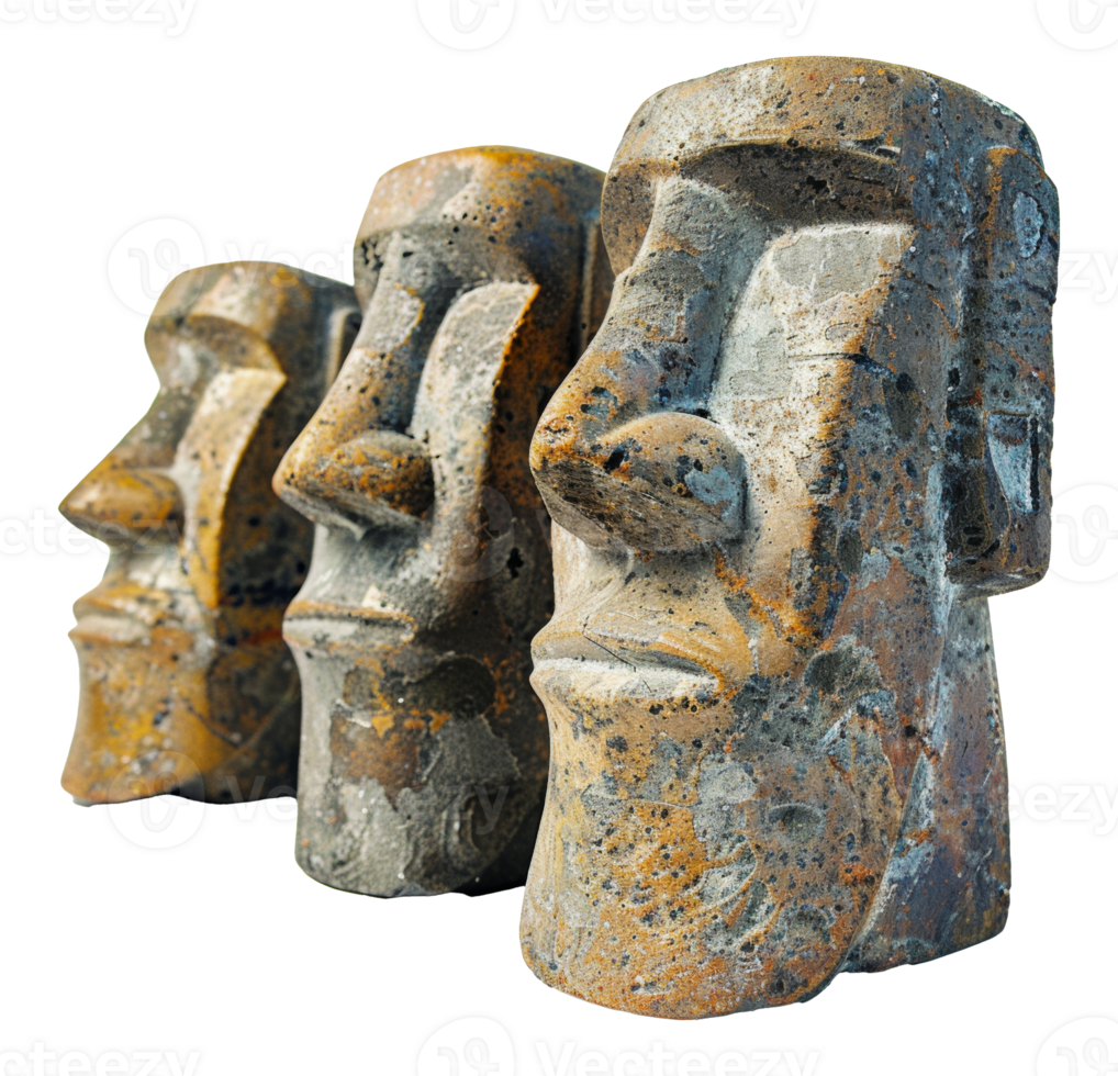 Trio of weathered stone faces with expressive features, cut out - stock .. png