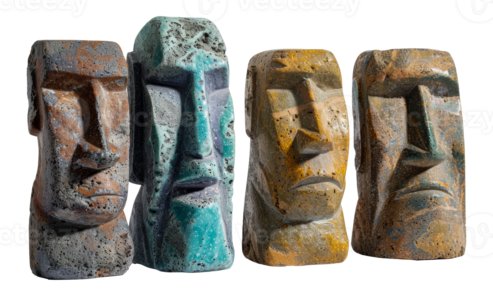 Set of four ancient tribal stone idols with detailed carvings, cut out - stock .. png