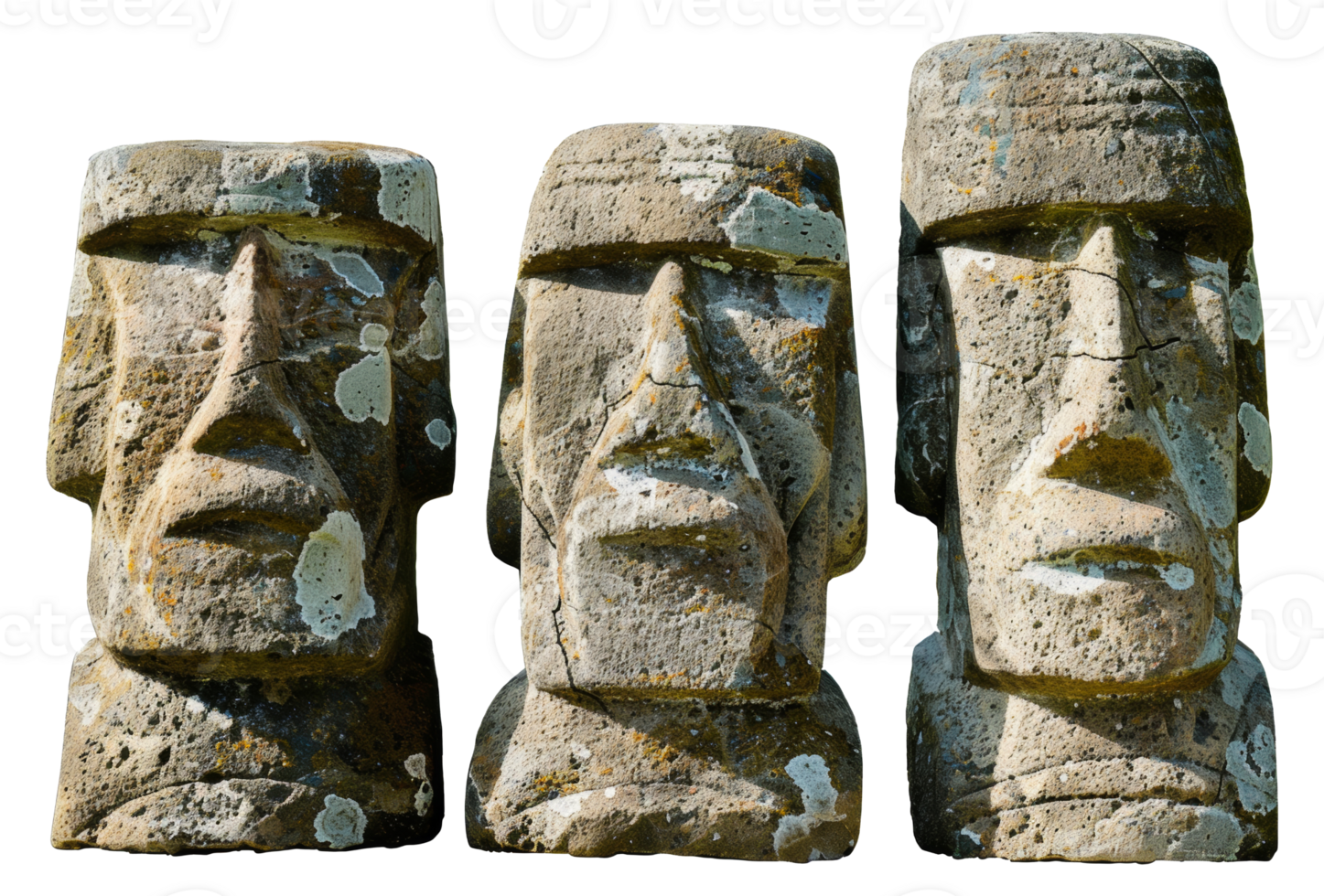 Set of three ancient tribal stone idols with detailed carvings, cut out - stock .. png