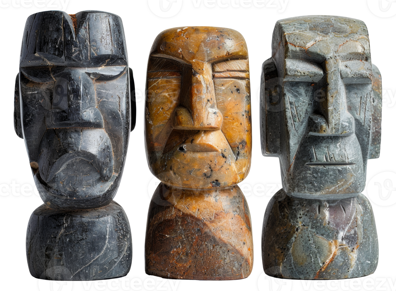 Set of three ancient tribal stone idols with detailed carvings, cut out - stock .. png
