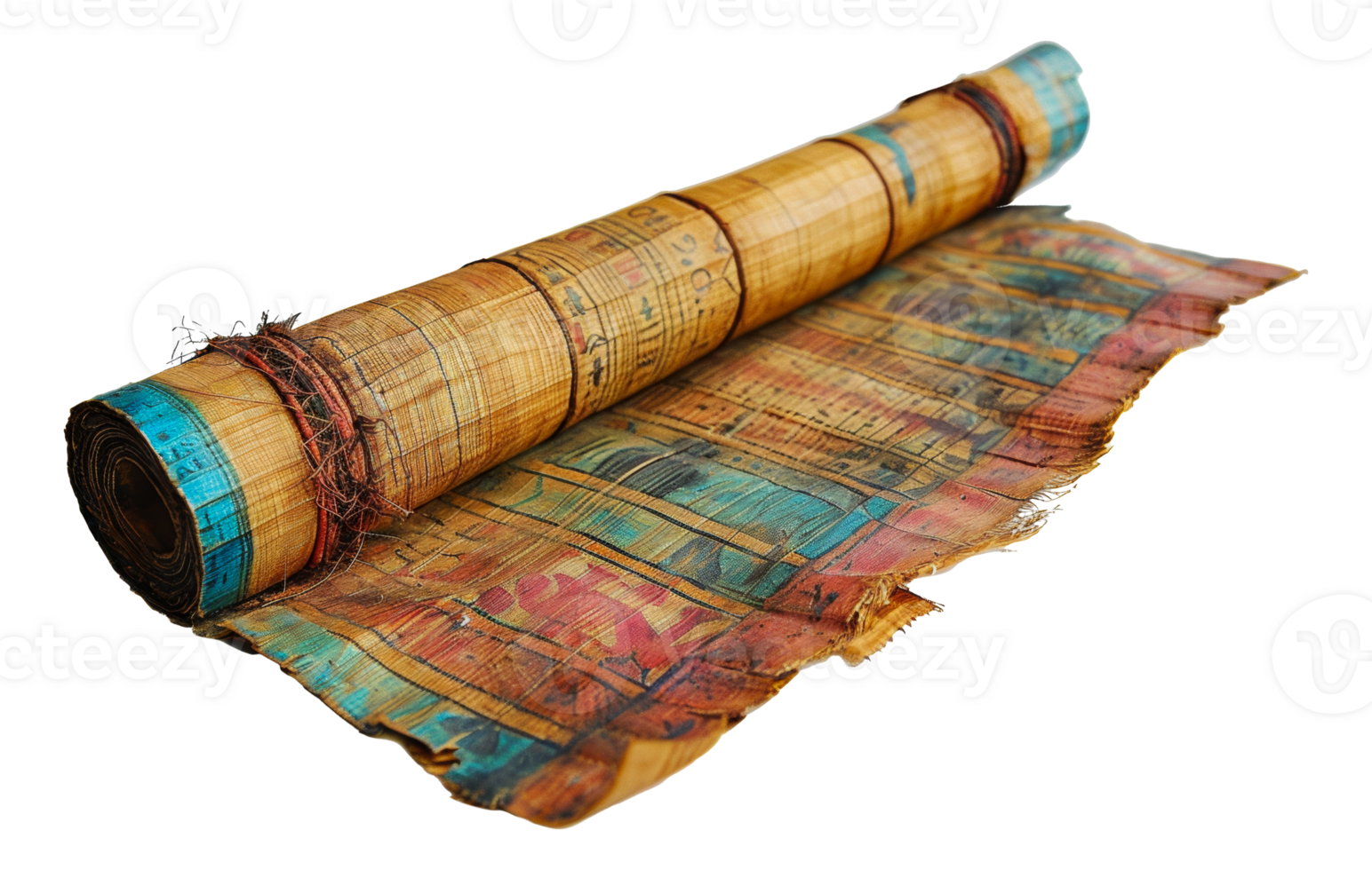 Vibrant ancient Egyptian papyrus scroll with colorful art, cut out - stock .. png