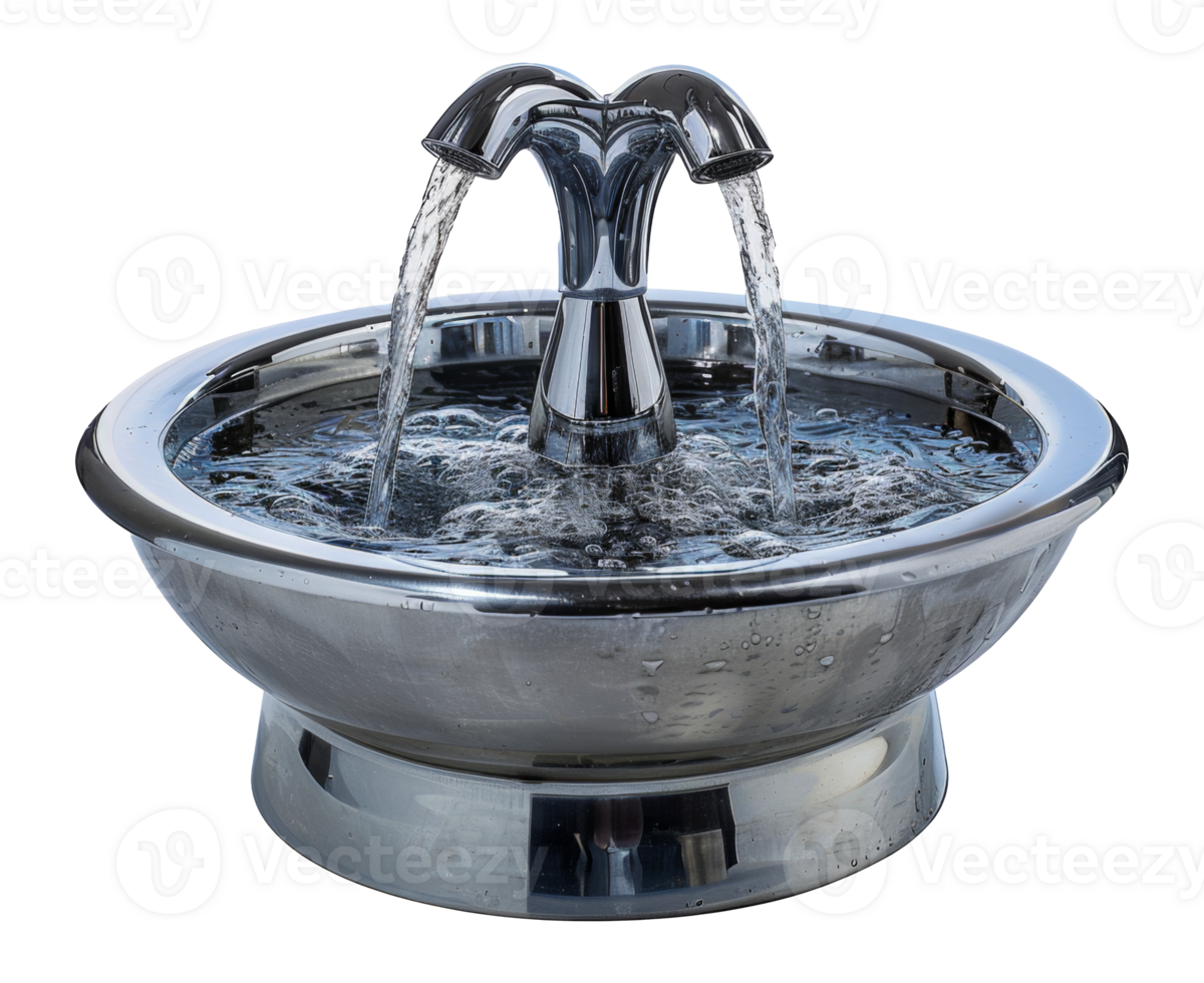 Modern silver drinking fountain with running water, cut out - stock .. png