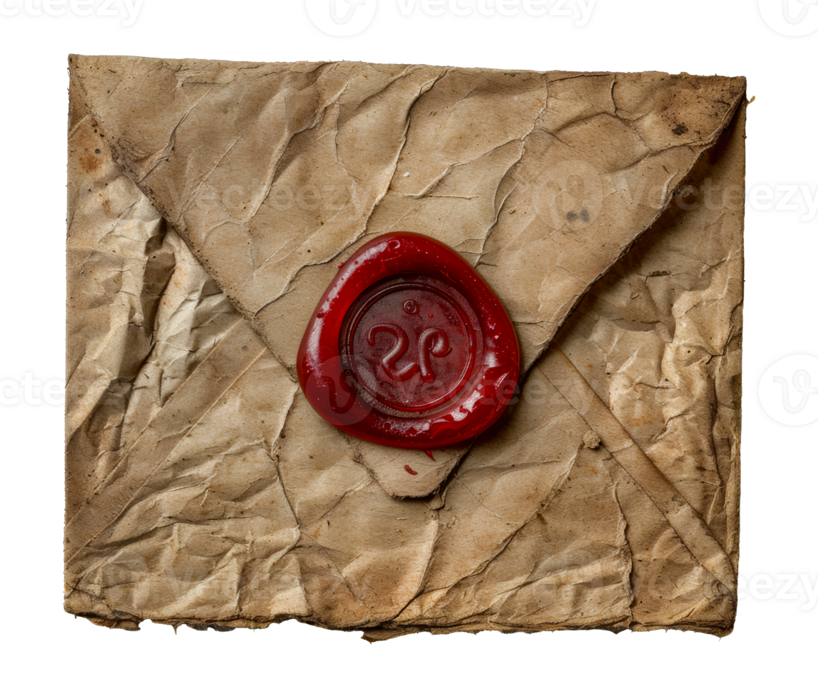 Vintage envelope with red wax seal, cut out - stock . png