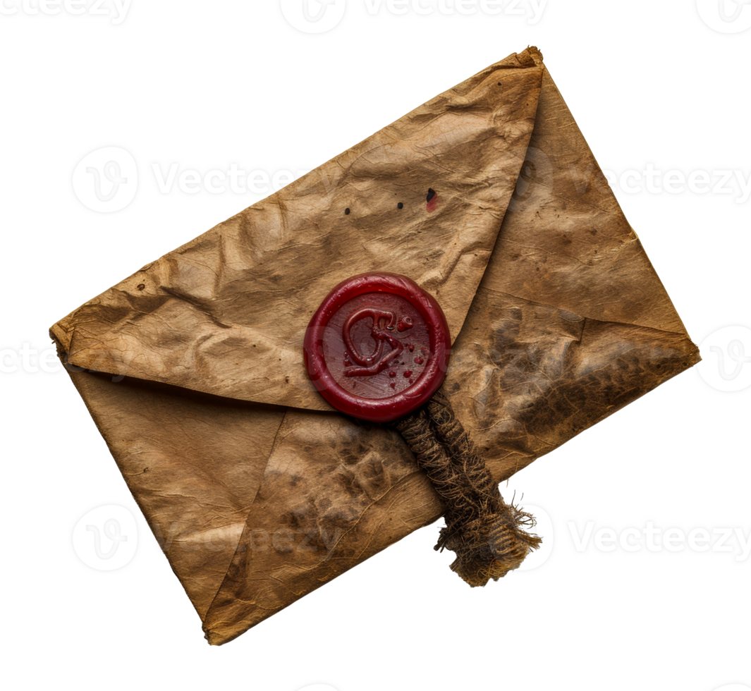 Vintage envelope with red wax seal, cut out - stock . png