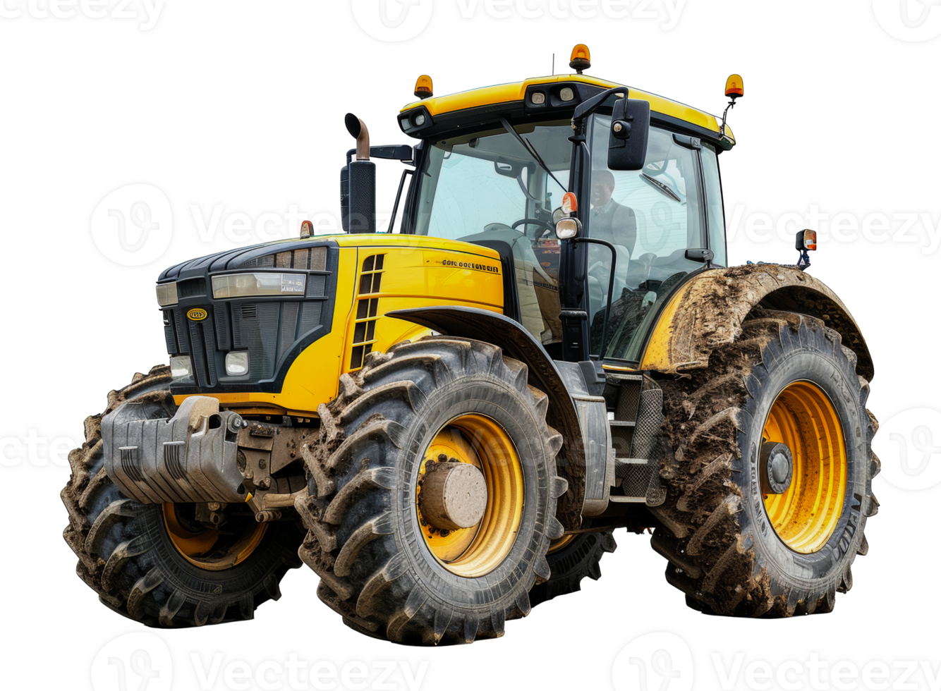 Heavy-duty yellow tractor with large wheels in the field, cut out - stock .. png