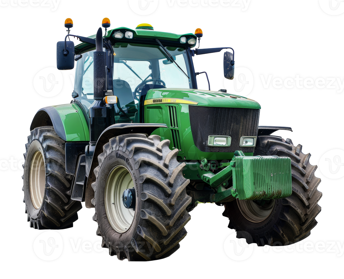 Green vintage tractor with large treaded wheels, cut out - stock . png