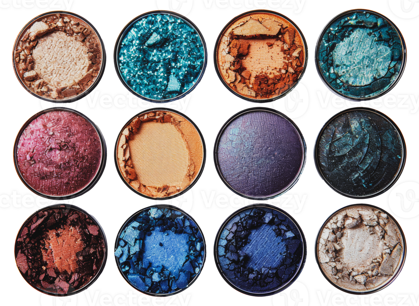 Collection of colorful eyeshadows in round containers, cut out - stock .. png