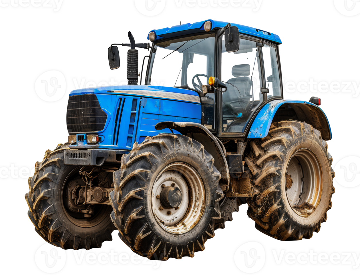 Mud-splattered blue tractor in a farming environment, cut out - stock .. png
