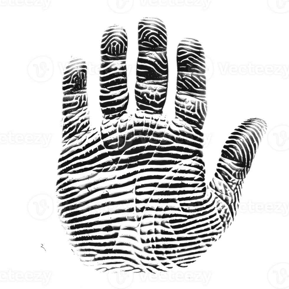 Black and white handprint with detailed fingerprint lines, cut out - stock .. png