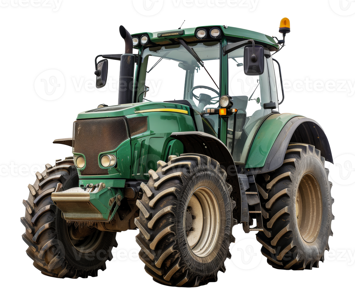 Green vintage tractor with large treaded wheels, cut out - stock . png