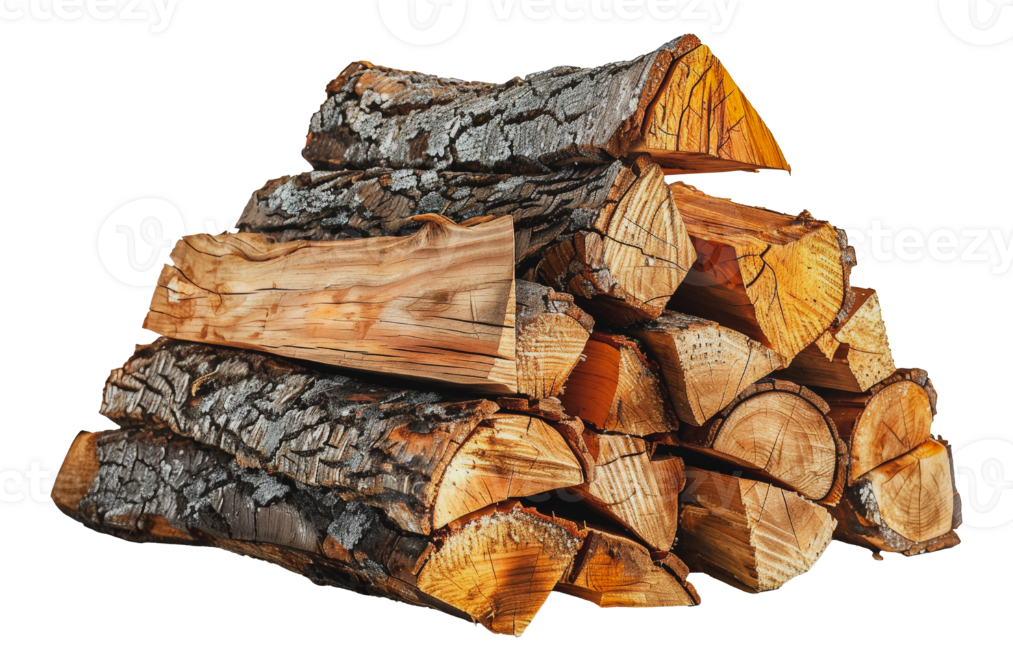 Rugged log pile of chopped wood ready for burning in rustic setting, cut out - stock .. png