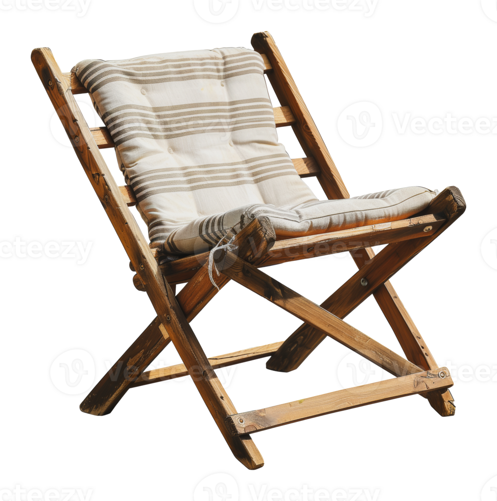 Rustic wooden chair with striped cushion, cut out - stock .. png