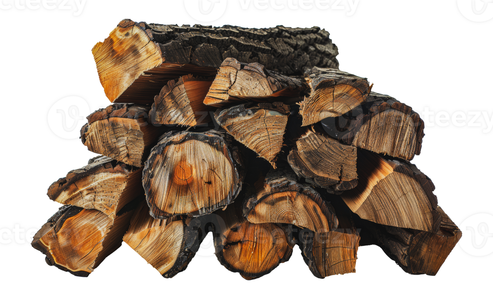 Rugged log pile of chopped wood ready for burning in rustic setting, cut out - stock .. png