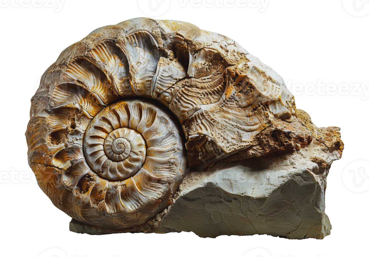 Spiral ammonite fossil embedded in rock, cut out - stock .. png