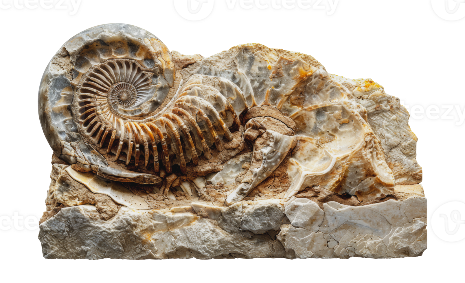Spiral ammonite fossil embedded in rock, cut out - stock .. png