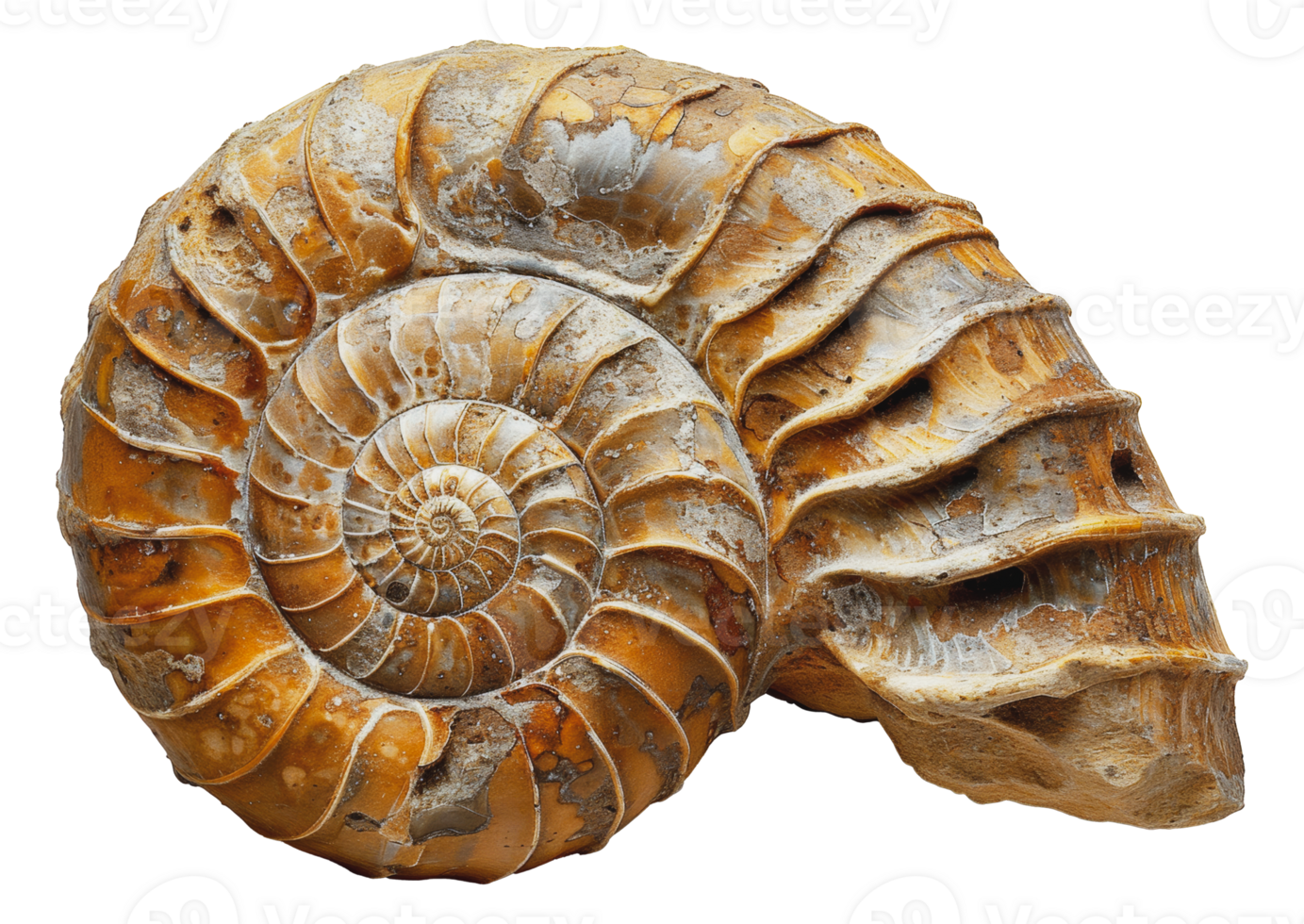 Spiral ammonite fossil embedded in rock, cut out - stock .. png