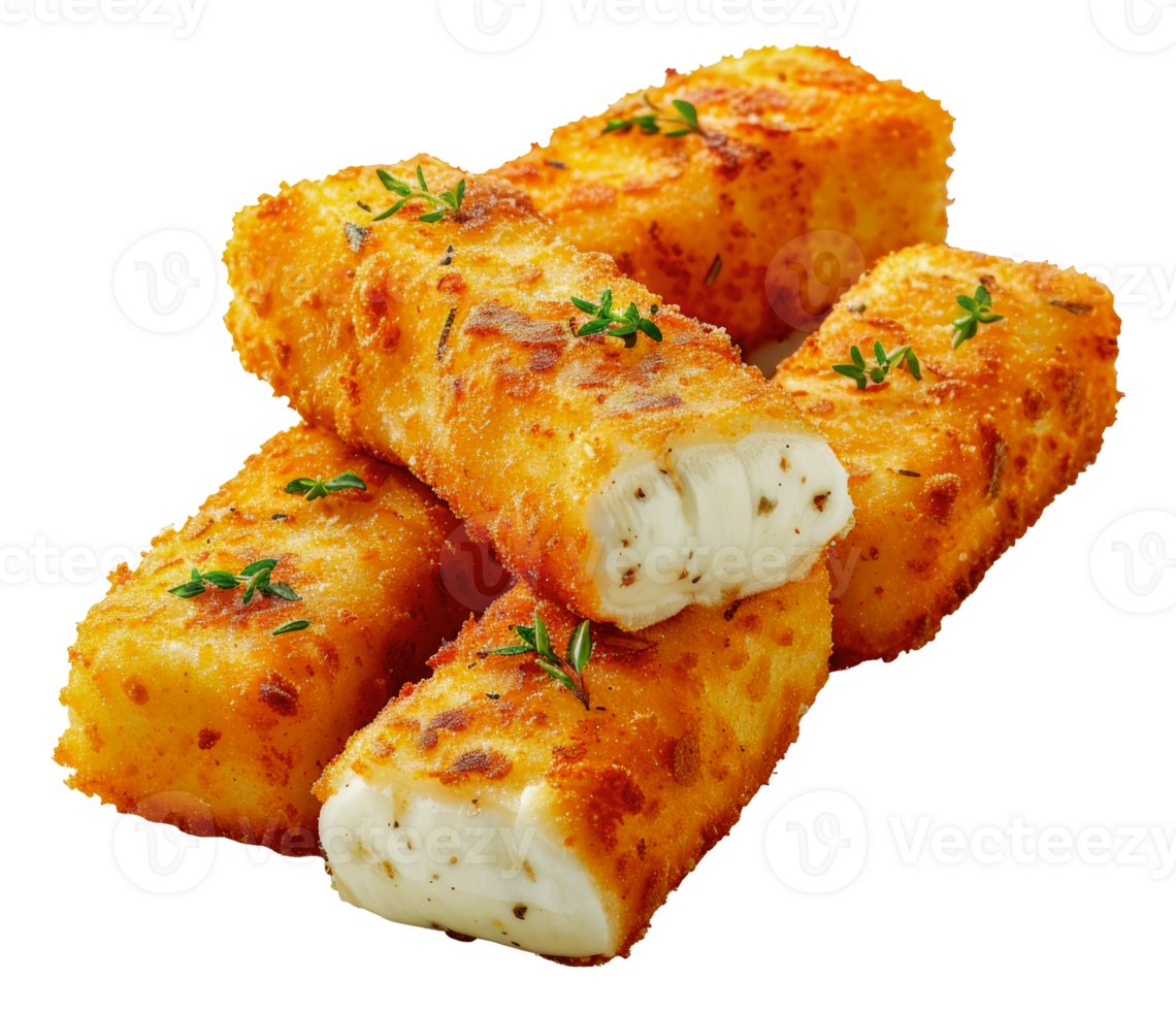 Crispy mozzarella sticks with fresh basil, cut out - stock .. png