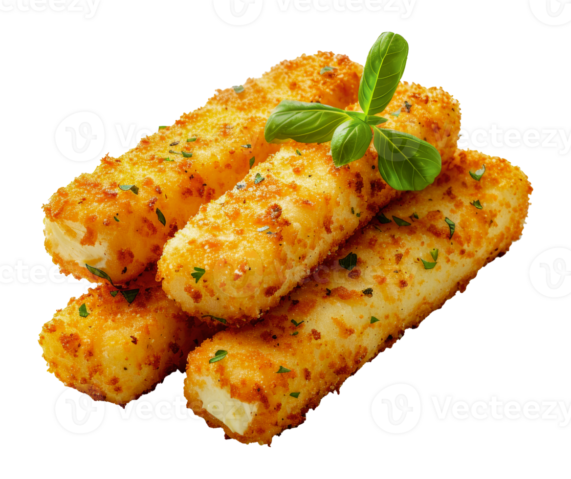 Crispy mozzarella sticks with fresh basil, cut out - stock .. png