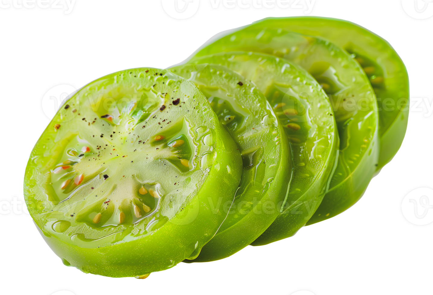 A detailed view of cross-sections of green tomatoes, showing seeds and fresh juice, cut out - stock .. png