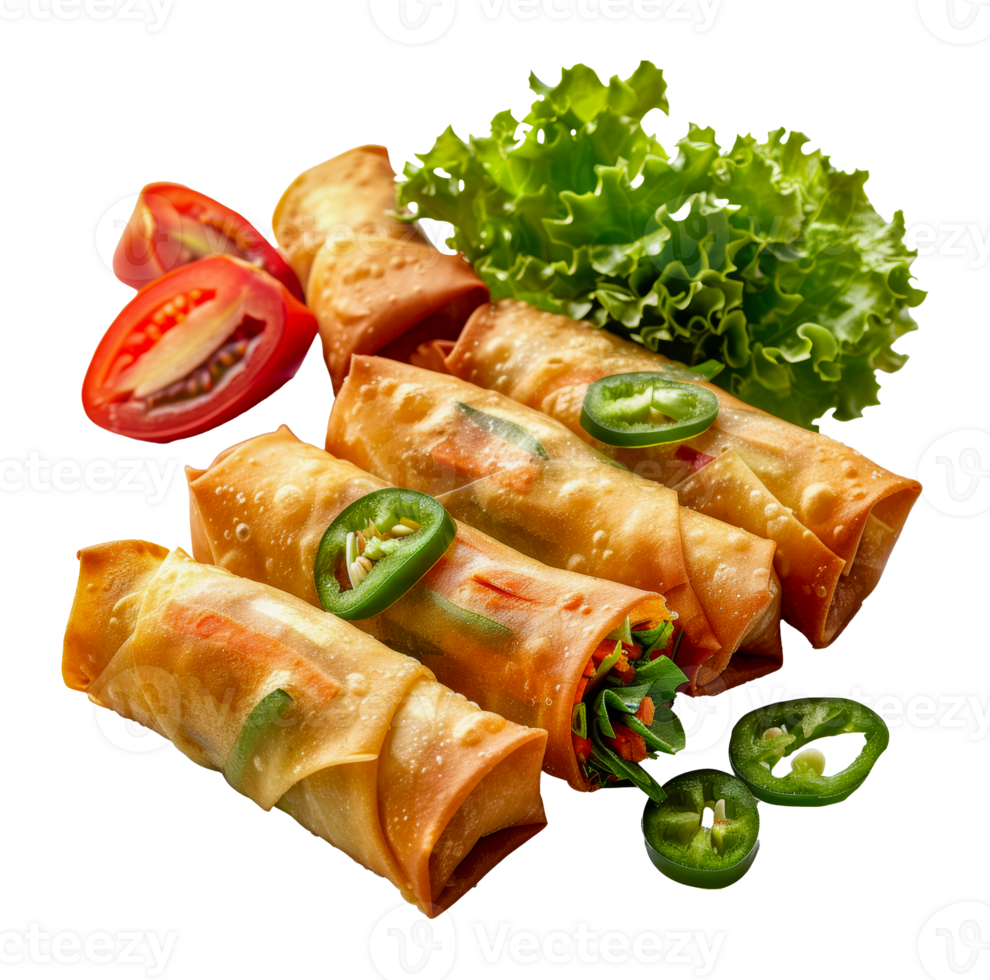 Spicy vegetable spring rolls with jalapeno garnish, cut out - stock .. png