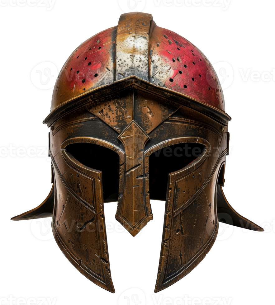 Red and black medieval knight helmet with visor, cut out - stock .. png