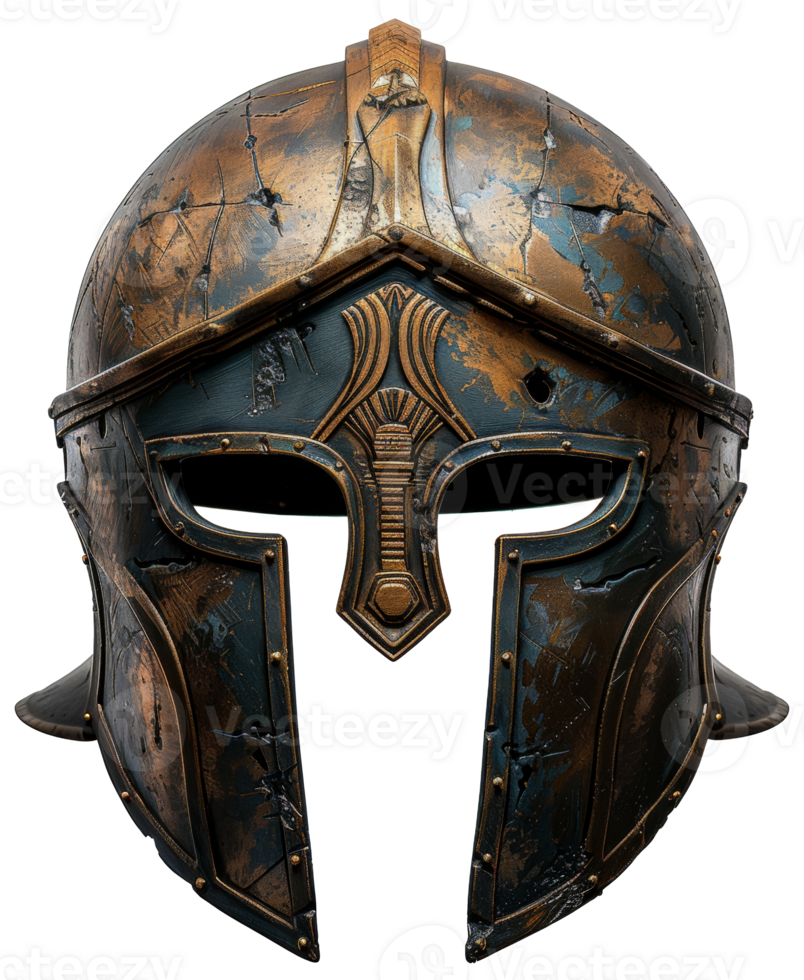 Rusty medieval knight helmet with textured surface, cut out - stock .. png
