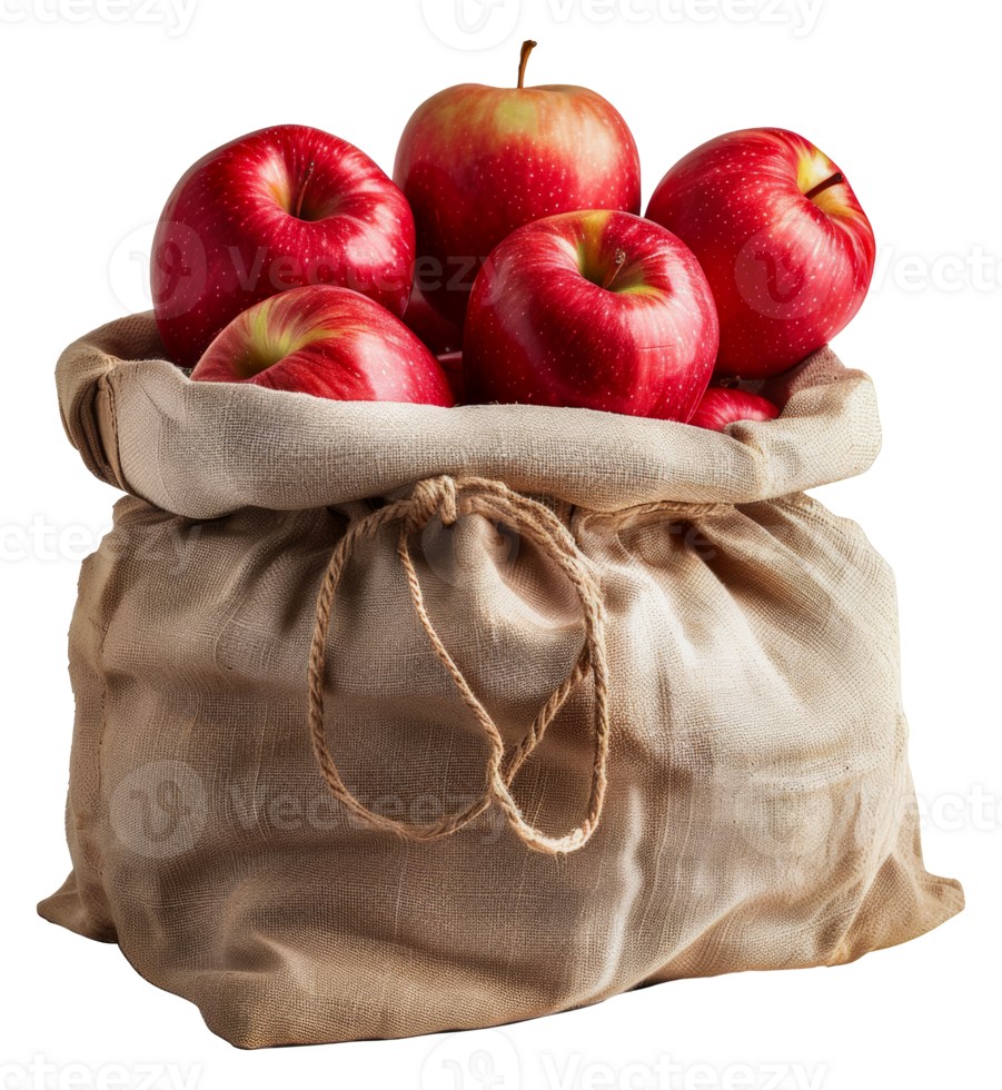 Fresh red apples in a burlap sack, cut out - stock .. png