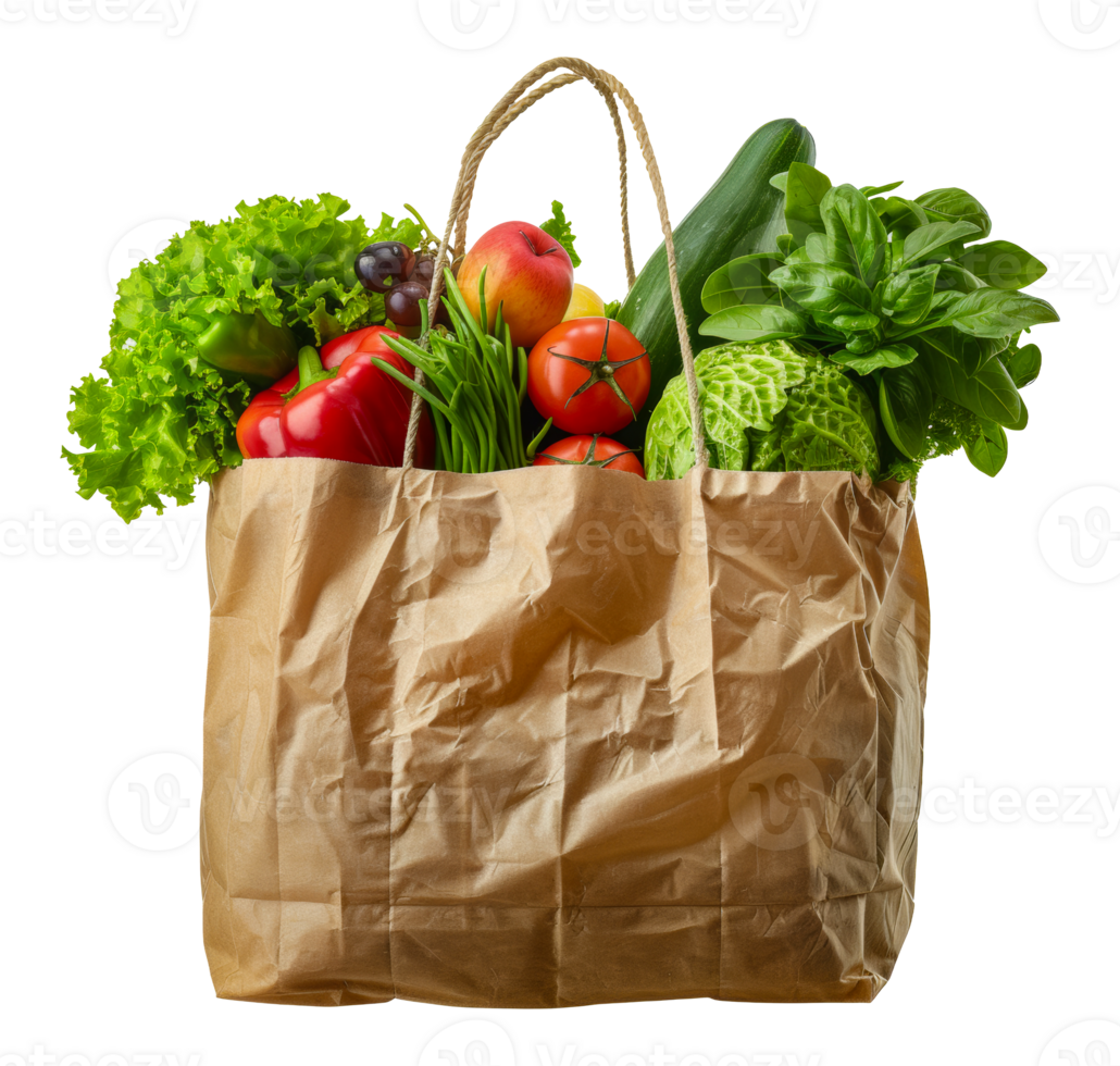 Mixed fresh vegetables in a brown paper grocery bag, cut out - stock .. png