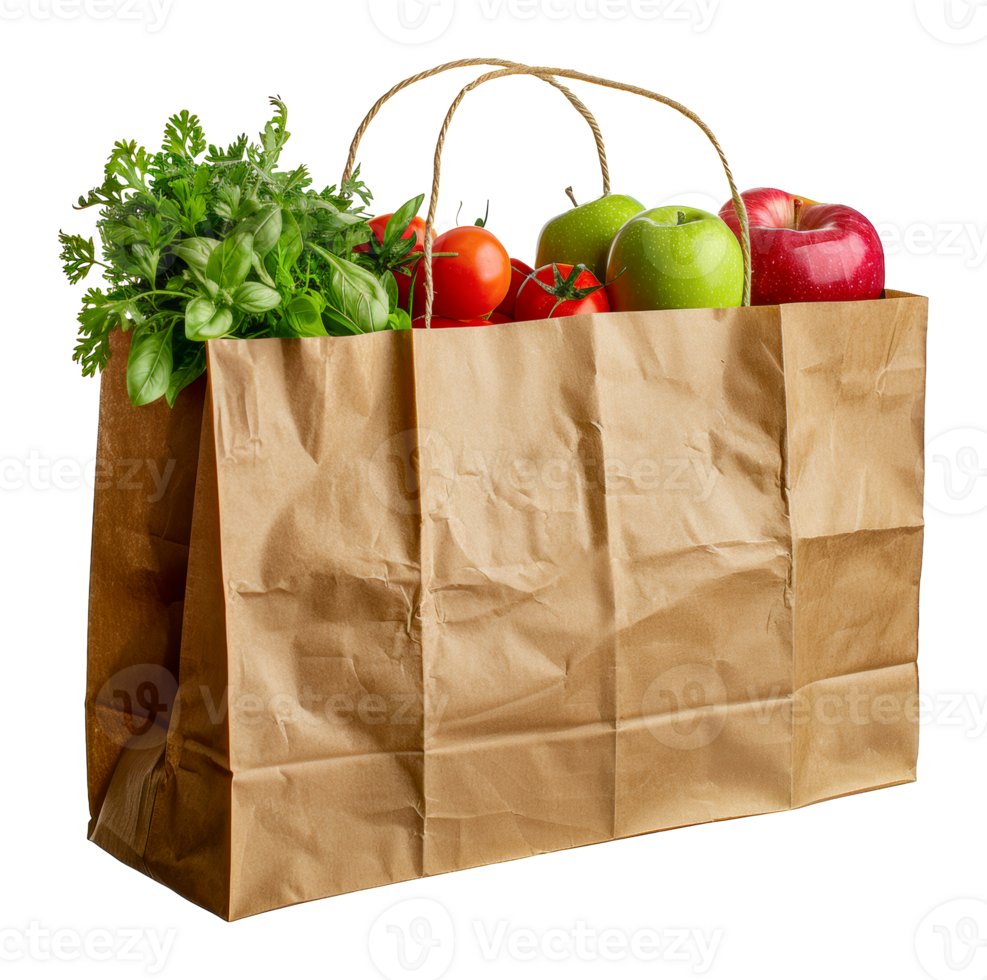 Mixed fresh vegetables in a brown paper grocery bag, cut out - stock .. png