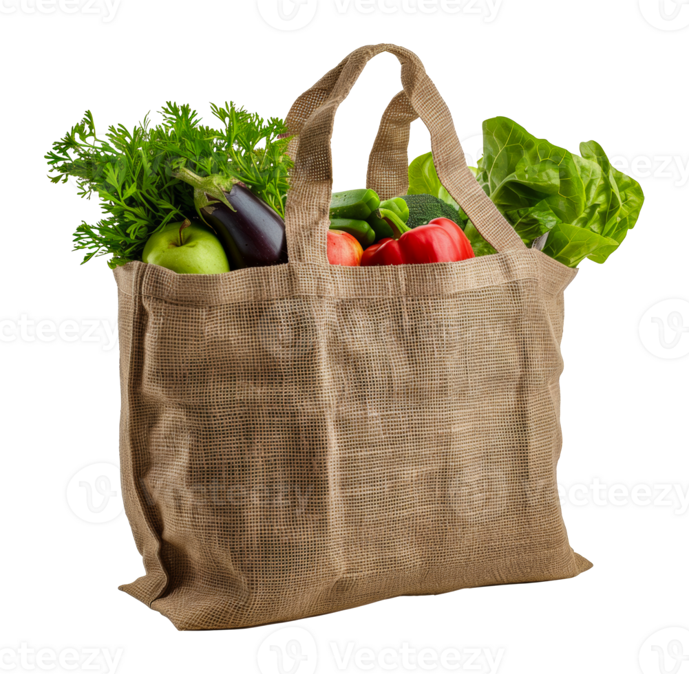 Reusable grocery bag with fresh vegetables, cut out - stock . png