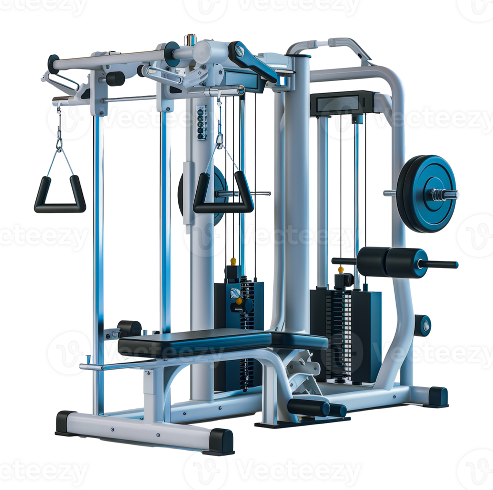 White gym weightlifting station with barbells, cut out - stock .. png